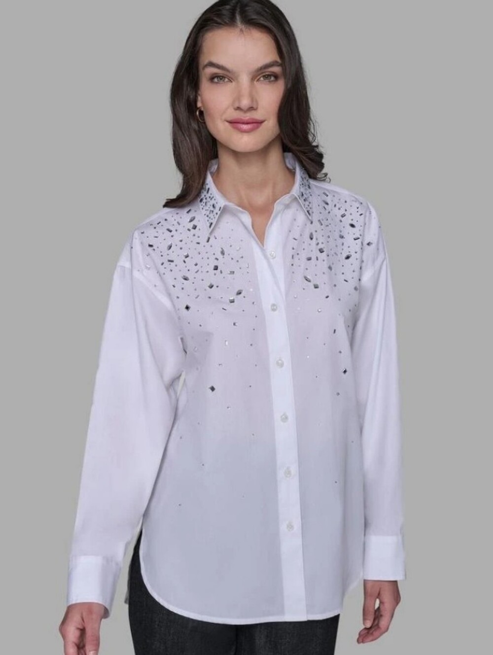 Karl Lagerfield Embellished Poplin Button Up Shirt Blouse New Small Relaxed Fit